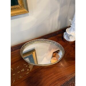 Vintage Oval Mirrored Vanity Tray with Brass Tone‎ Filigree Gallery Rim